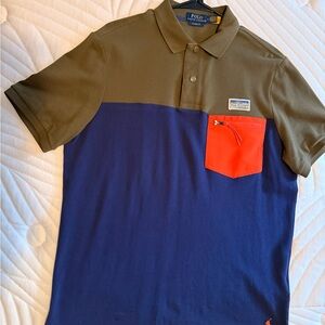 Polo by Ralph Lauren Men's Green and Blue Polo with orange Pocket & logo